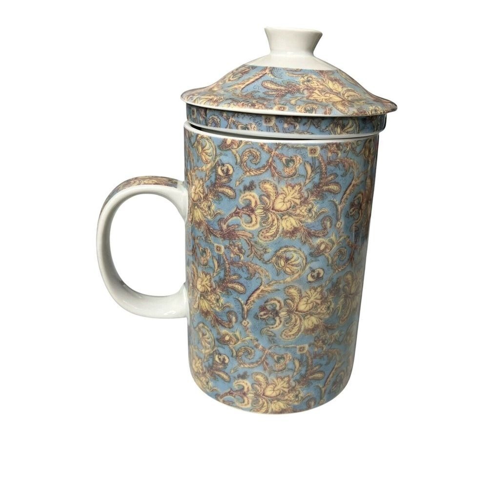 World Market Blue Floral Ceramic Tea Mug Infuser Lid Dishwasher Safe